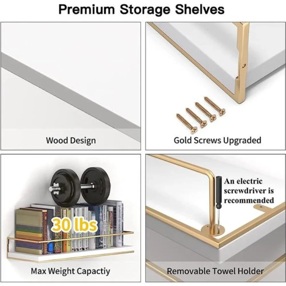 White Floating Shelves - Set of 2 Wall Mounted Hanging Shelves Golden Towel Rack